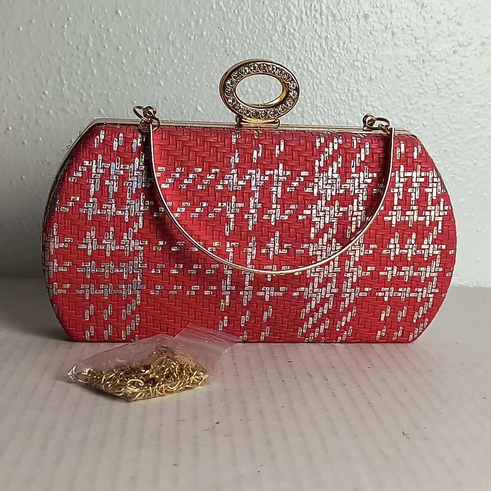 Woven Houndstooth Pattern Evening Clutch Bag Clasp Closure Strap Metal Red